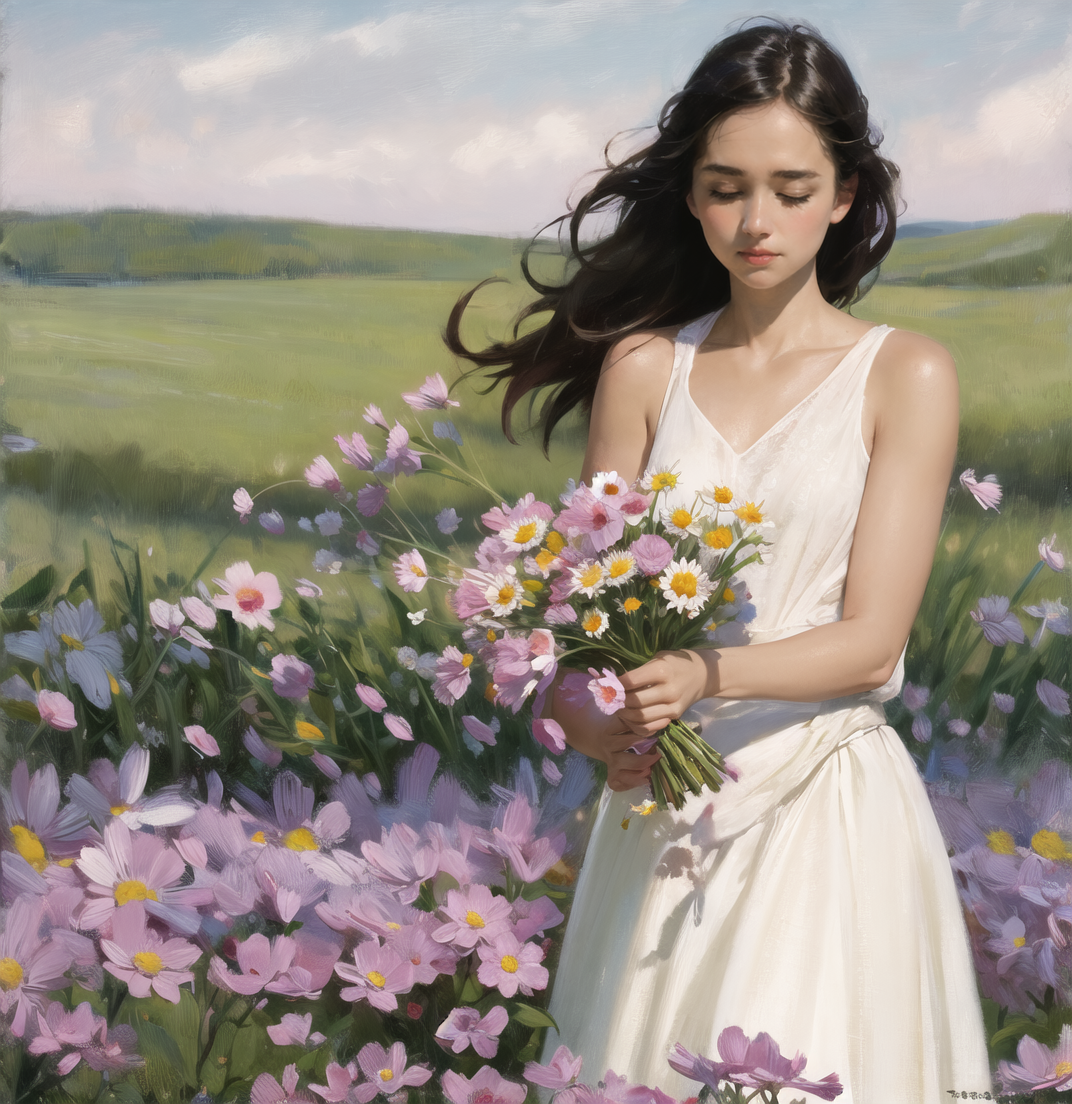 01443-3796813979-1girl, solo, flower, dress, long hair, closed eyes, black hair, white dress, holding flower, field, holding, outdoors, grass, re.png